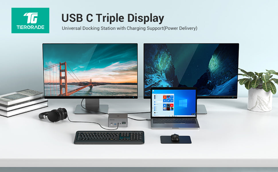 Tiergrade USB C Docking Station with Dual 4K HDMI,DP, 6 USB Ports, SD/TF Card Slot, 60W USB-C PD Charging Dock, Triple Display for Windows USB C 3.1 Gen 2 Systems, Extended Display NOT for Mac OS