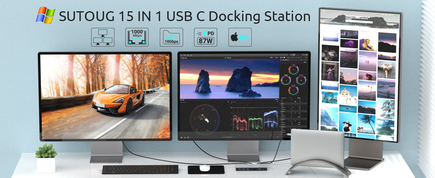 Docking Station, SUTOUG 15 in 1 USB C Docking Station 3 Monitors with 2 HDMI 4K, DisplayPort, USB 3.1/USB-C Data 3.0, Compatible with Windows and MacOS