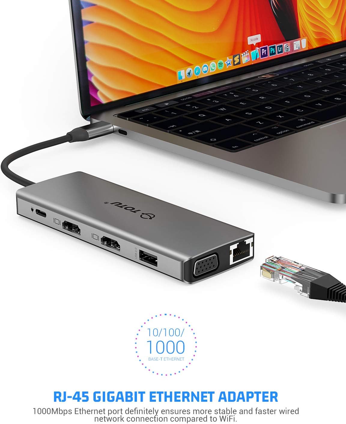 USB C Hub, TOTU 13-in-1 Type C Hub with Ethernet, 4K USB C to 2 HDMI, VGA, 2 USB 3.0, 2 USB 2.0, 100W PD, SD/TF Cards Reader, Mic/Audio Docking Station for MacBook Pro Air XPS and Other USB-C Laptops