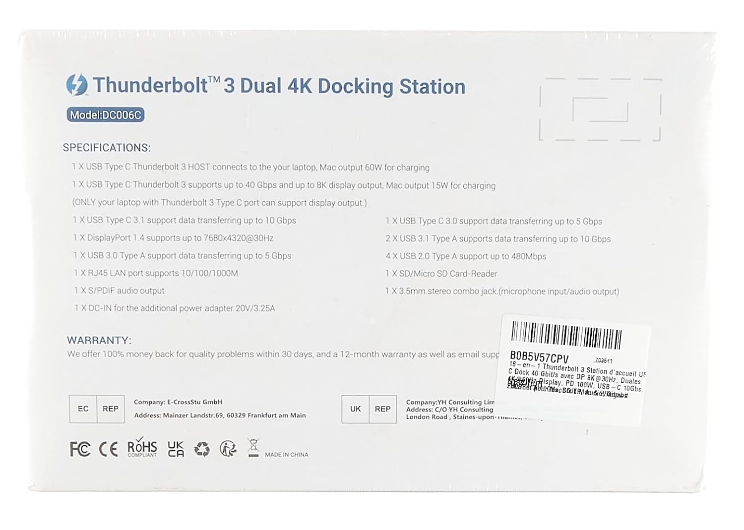 18-in-1 Thunderbolt 3 Docking Station USB C Dock 40 Gbit/s with DP 8K@30Hz, Duales 4K@60Hz Display, PD 60W, USB-C 10Gbs, 2xUSB-A 10Gbs, SD/TF, Audio, Gigabit Ethernet for MacBook Mac & Windows