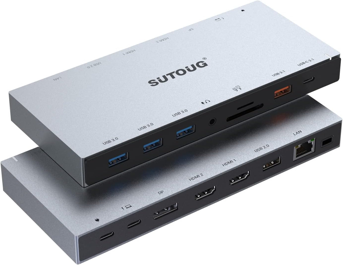 Docking Station, SUTOUG 15 in 1 USB C Docking Station 3 Monitors with 2 HDMI 4K, DisplayPort, USB 3.1/USB-C Data 3.0, Compatible with Windows and MacOS