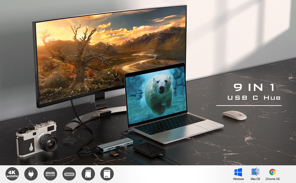 9 in 1 USB C Hub, USB C Port Replicator, Docking Station with 4K@30Hz HDMI, 3 x USB 3.0, USB C 3.0 Data, USB 2.0, 100W PD, SD/TF Card Reader Compatible with Laptop and Other Type C Devices