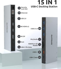 Docking Station, SUTOUG 15 in 1 USB C Docking Station 3 Monitors with 2 HDMI 4K, DisplayPort, USB 3.1/USB-C Data 3.0, Compatible with Windows and MacOS