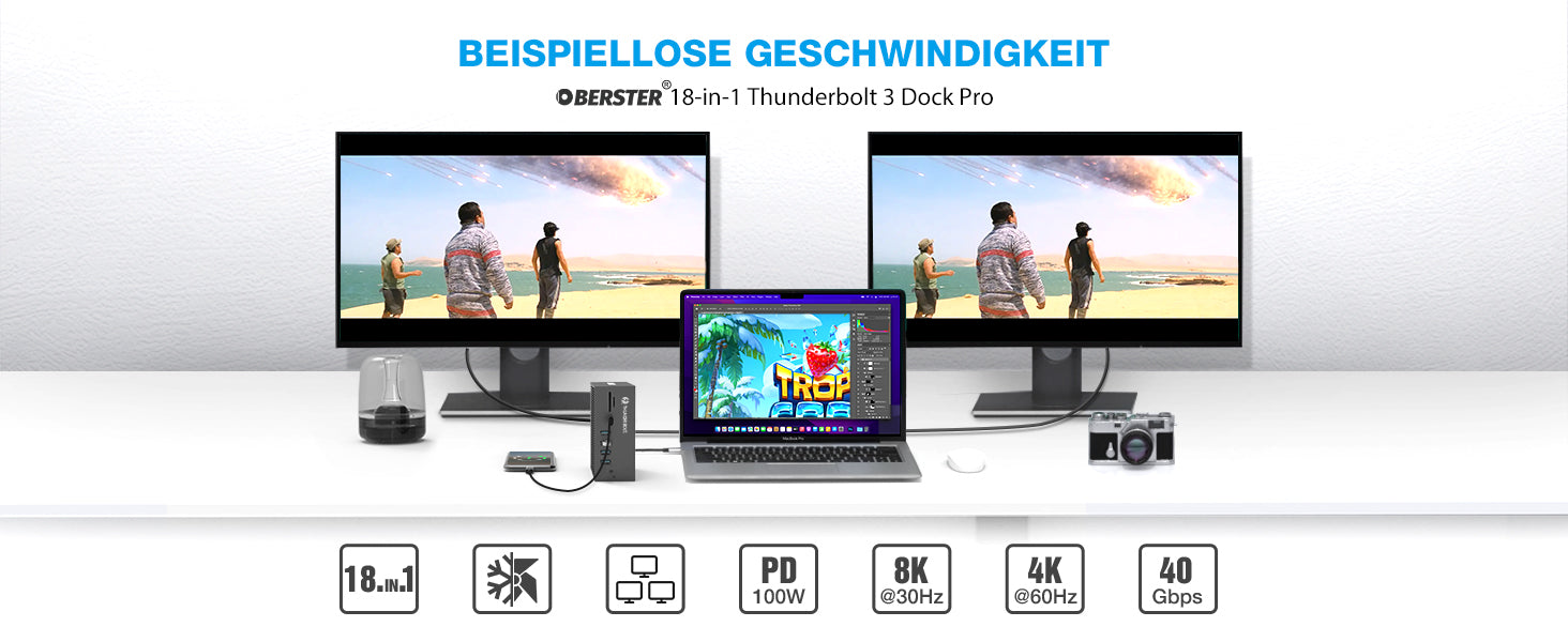 18-in-1 Thunderbolt 3 Docking Station USB C Dock 40 Gbit/s with DP 8K@30Hz, Duales 4K@60Hz Display, PD 60W, USB-C 10Gbs, 2xUSB-A 10Gbs, SD/TF, Audio, Gigabit Ethernet for MacBook Mac & Windows